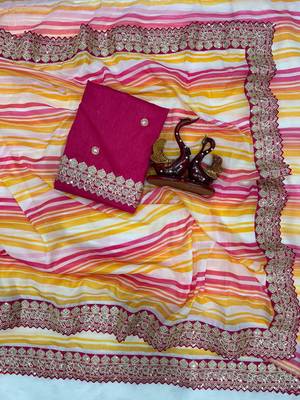 Multicolor Leheriya Printed Embroidered Border Tabby Silk blend Saree 4