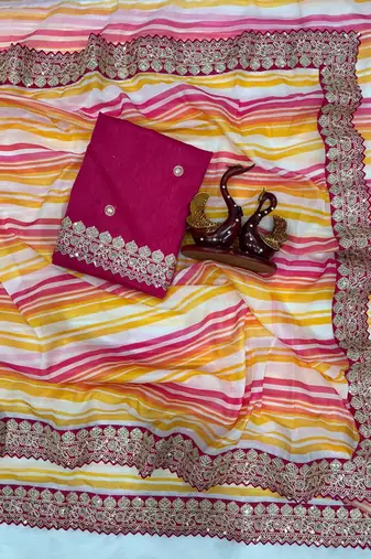 Multicolor Leheriya Printed Embroidered Border Tabby Silk blend Saree