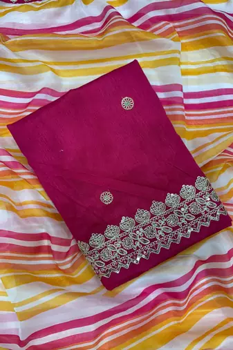 Multicolor Leheriya Printed Embroidered Border Tabby Silk blend Saree