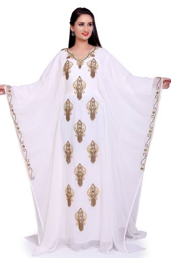Elegant White Stitched Designer Kaftan with Golden Motif Embroidery – Festive & Party Wear