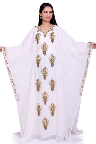 Elegant White Stitched Designer Kaftan with Golden Motif Embroidery – Festive & Party Wear