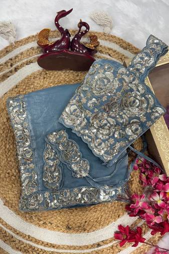 Sky Blue Sequins And Embroidered Lace Work Silk blend Saree