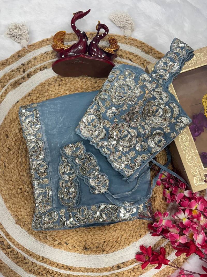 Sky Blue Sequins And Embroidered Lace Work Silk blend Saree