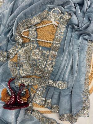 Sky Blue Sequins And Embroidered Lace Work Silk blend Saree 2