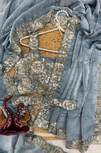 Sky Blue Sequins And Embroidered Lace Work Silk blend Saree