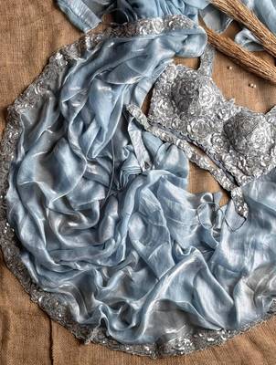 Sky Blue Sequins And Embroidered Lace Work Silk blend Saree 3