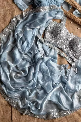 Sky Blue Sequins And Embroidered Lace Work Silk blend Saree