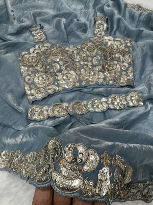 Sky Blue Sequins And Embroidered Lace Work Silk blend Saree 4
