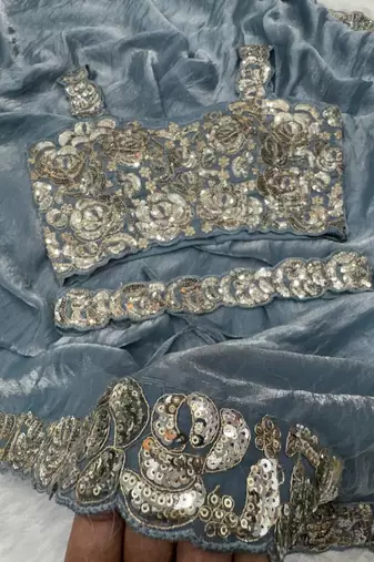 Sky Blue Sequins And Embroidered Lace Work Silk blend Saree