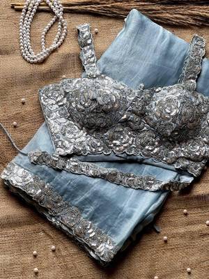 Sky Blue Sequins And Embroidered Lace Work Silk blend Saree 5