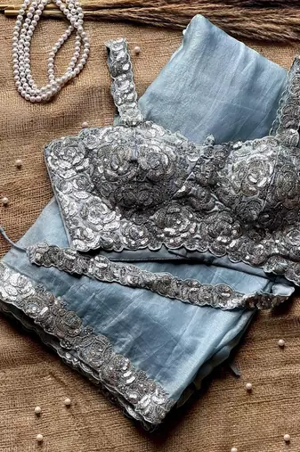 Sky Blue Sequins And Embroidered Lace Work Silk blend Saree