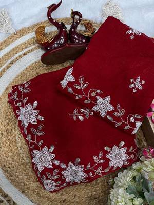 Red cutdana Pearls And Sequins Work Crush Saree 1