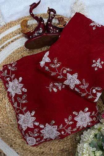Red cutdana Pearls And Sequins Work Crush Saree