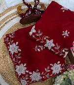 Red cutdana Pearls And Sequins Work Crush Saree