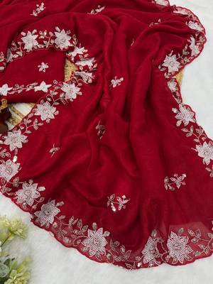 Red cutdana Pearls And Sequins Work Crush Saree 2