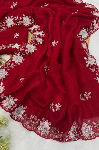 Red cutdana Pearls And Sequins Work Crush Saree