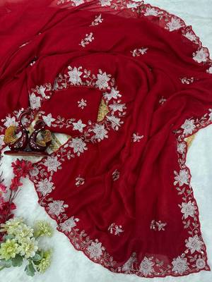 Red cutdana Pearls And Sequins Work Crush Saree 3