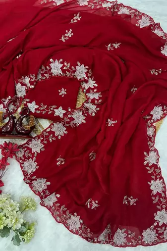 Red cutdana Pearls And Sequins Work Crush Saree