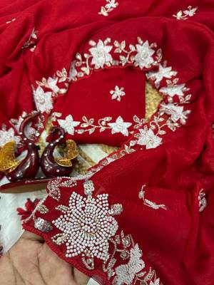 Red cutdana Pearls And Sequins Work Crush Saree 4