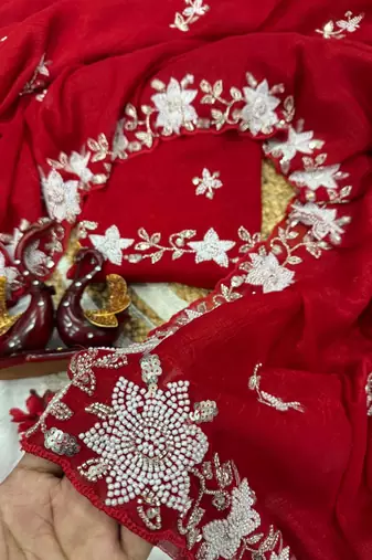 Red cutdana Pearls And Sequins Work Crush Saree