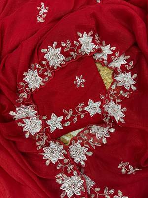 Red cutdana Pearls And Sequins Work Crush Saree 5