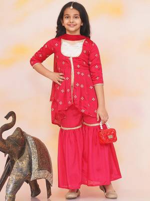 Red embroidered silk kurti with sharara set for girls 1