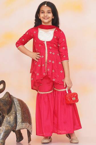 Red embroidered silk kurti with sharara set for girls