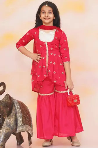Red embroidered silk kurti with sharara set for girls