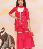 Red embroidered silk kurti with sharara set for girls