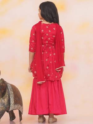 Red embroidered silk kurti with sharara set for girls 2
