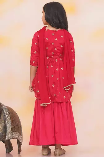 Red embroidered silk kurti with sharara set for girls