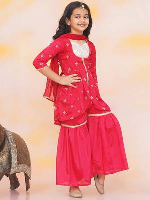 Red embroidered silk kurti with sharara set for girls 3