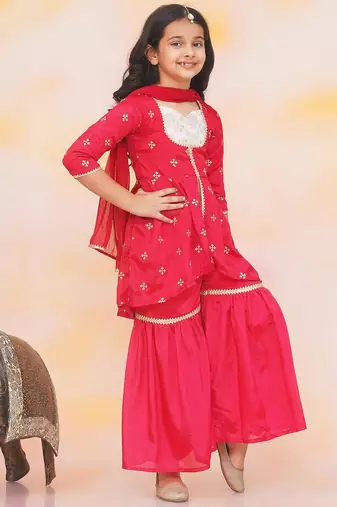 Red embroidered silk kurti with sharara set for girls