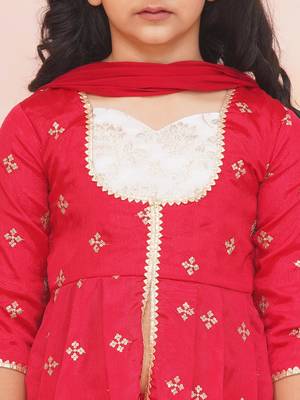 Red embroidered silk kurti with sharara set for girls 4