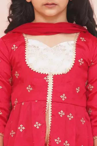Red embroidered silk kurti with sharara set for girls