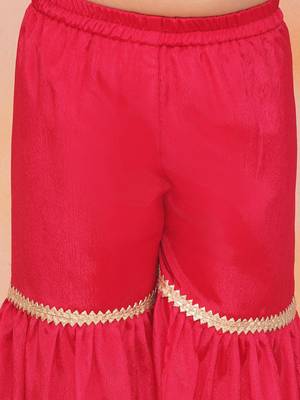 Red embroidered silk kurti with sharara set for girls 5