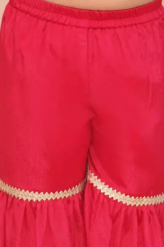 Red embroidered silk kurti with sharara set for girls