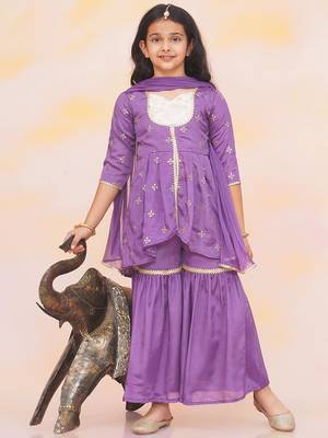 Purple embroidered silk kurti with sharara set for girls 1