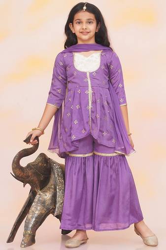 Purple embroidered silk kurti with sharara set for girls