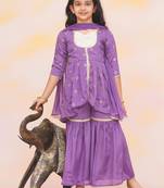 Purple embroidered silk kurti with sharara set for girls