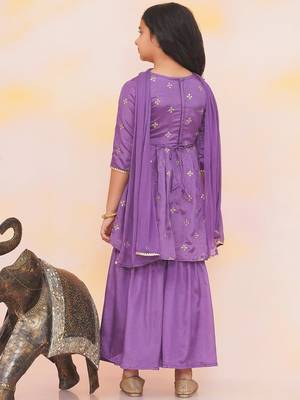 Purple embroidered silk kurti with sharara set for girls 2