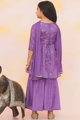 Purple embroidered silk kurti with sharara set for girls