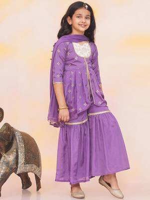 Purple embroidered silk kurti with sharara set for girls 3