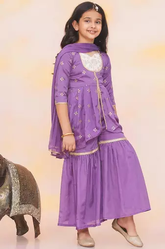 Purple embroidered silk kurti with sharara set for girls