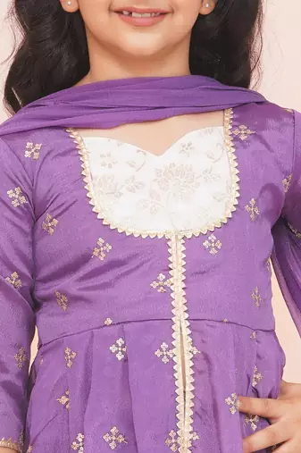 Purple embroidered silk kurti with sharara set for girls