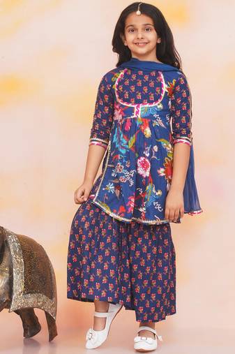 Blue printed cotton naaz kurti sharara set for girls