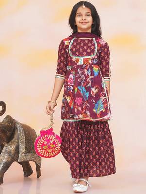 Wine printed cotton naaz kurti sharara set for girls 1