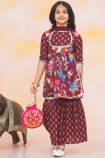 Wine printed cotton naaz kurti sharara set for girls