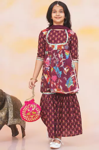 Wine printed cotton naaz kurti sharara set for girls