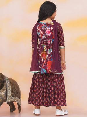 Wine printed cotton naaz kurti sharara set for girls 2